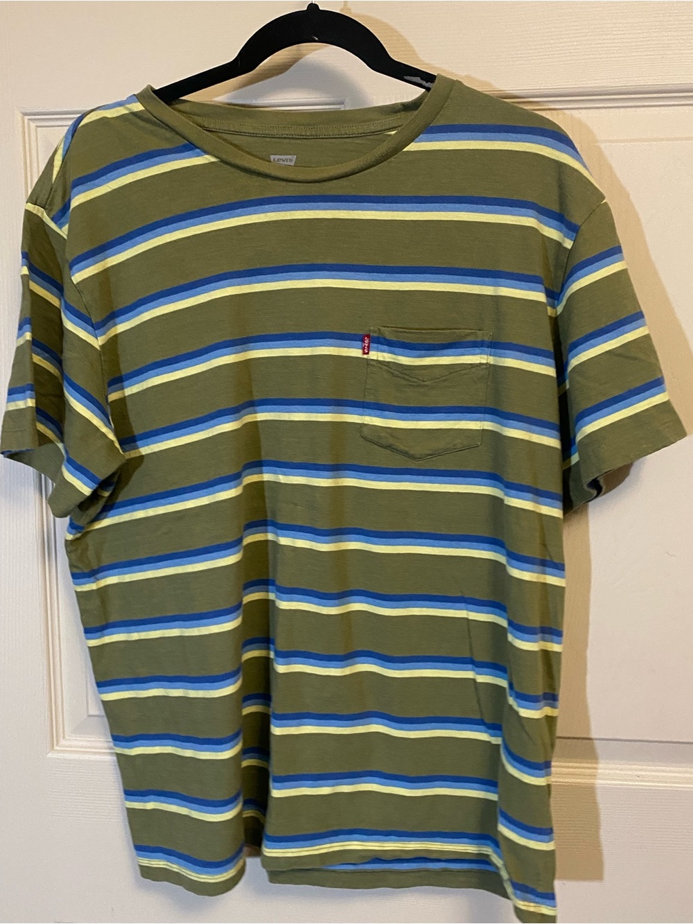 Levi's Olive Green Striped Pocket Tee with Blue & Pale Yellow Bands